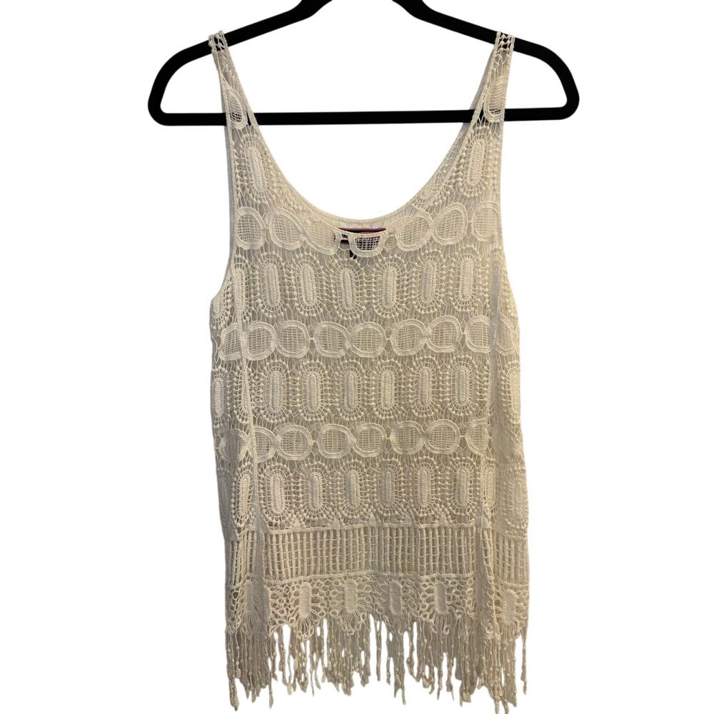 Say What? Ivory Crochet Tank Top Fringe Hem Boho Festival Sleeveless Medium - Picture 2 of 3